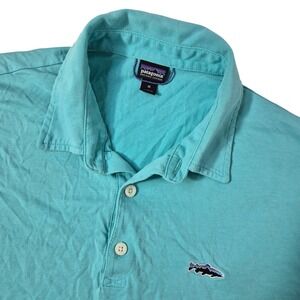 Patagonia Polo Shirt Mens Medium Blue Fitz Roy Trout Organic Cotton Short Sleeve